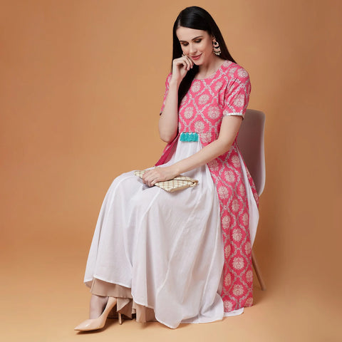 Stylish Pink Lotus Printed Front Open Kurta With Tassels | Cloth | Best Selling, Kurta, Women's | PNK