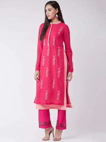 Enhanced Sophistication: Pink Georgette Allover Embroidered Layered Kurta | Cloth | Best Selling, Deal Of The Day, Kurta, Kurta Sets, kurti, Women's, Women's Clothing | FIO