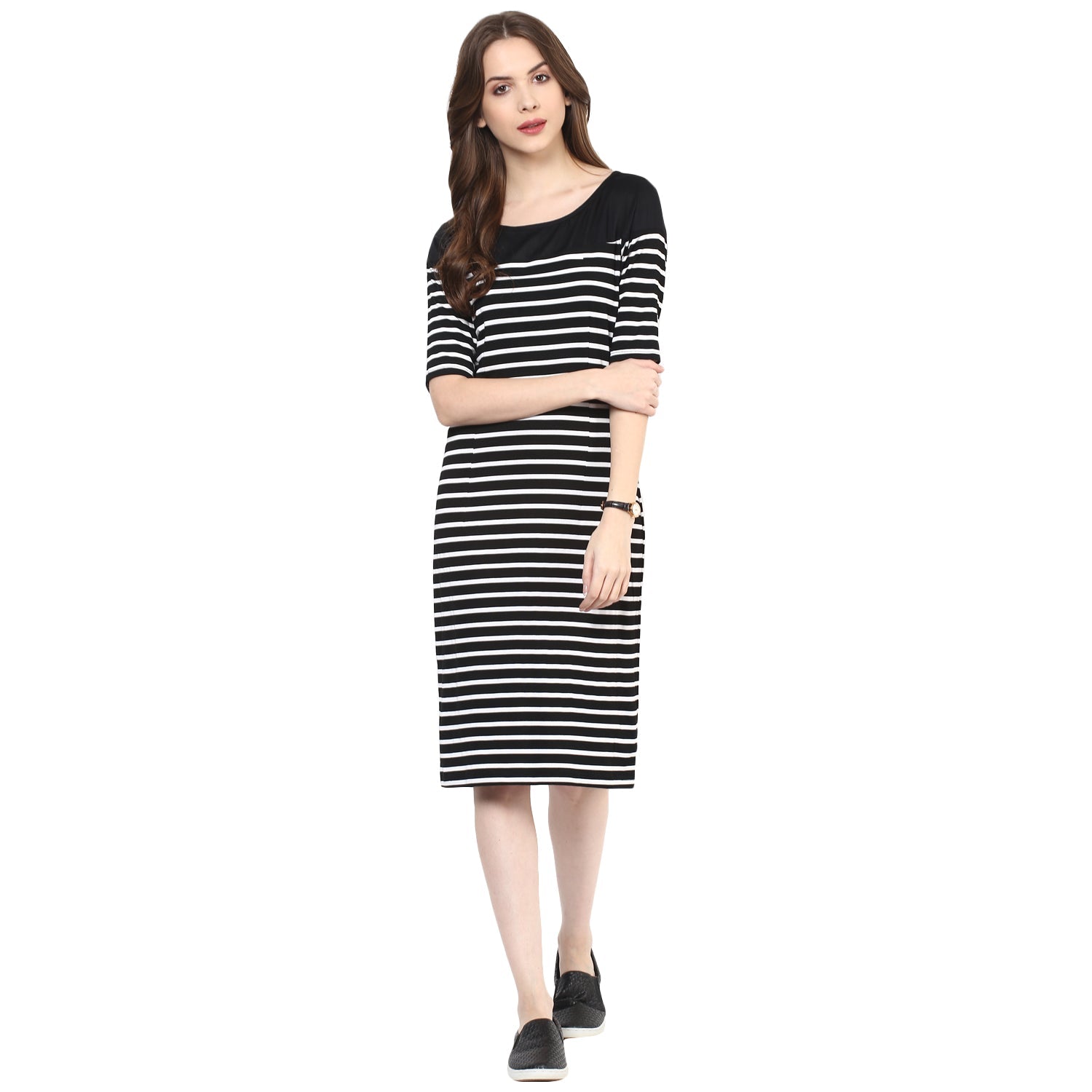 Stripe Yoke Midi Dress | Black, Clothing - Dresses, Dresses, Dresses-A, L, M, Polyester, S, SS-20-A, XL, XS | PNK