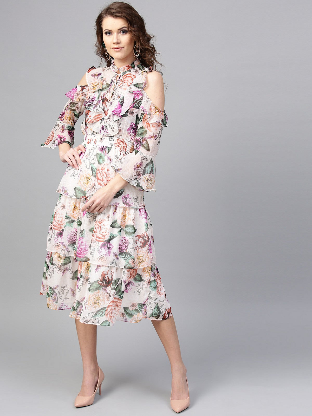 Floral Printed Chiffon Dress | Clothing - Dresses, Dresses, Dresses-A, L, M, Off-White/Multi, Polyester/Chiffon, S, SS-20-A, XL, XS | PNK
